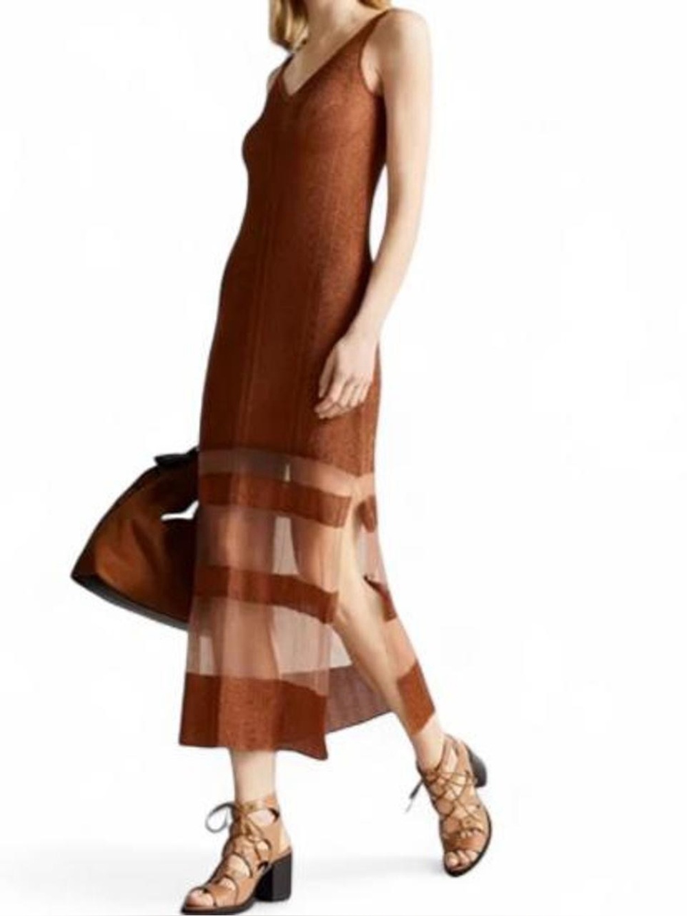 Ted Baker Rust-Brown Sleeveless Maxi Dress with Sheer Stripes